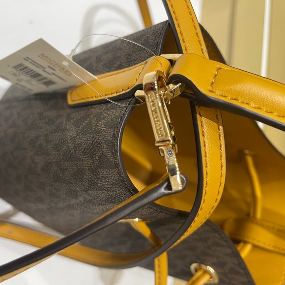 Michael Kors Suri MINI Bucket Satchel Shoulder Crossbody Bag MK Brown Yellow - Picture 12 of 12
